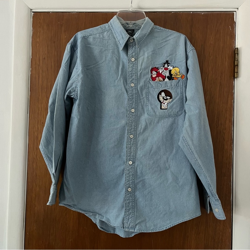 Warner Bros. Studio Store Vintage Medium Blue Unisex Denim Button Down Shirt - Picture 2 of 8